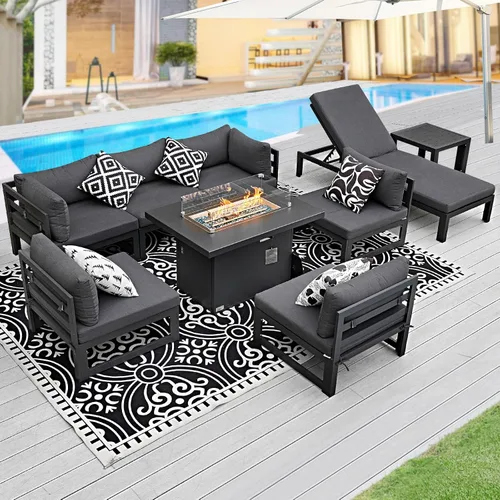 Vista 38 de BULEXYARD - Sofá modular de aluminio para exteriores con mesa para fogata, 7 piezas, color verde azulado