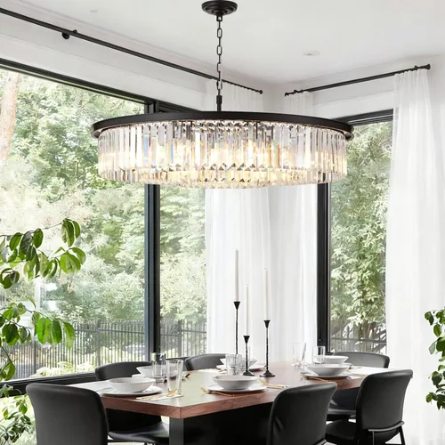 Vista 11 de Lámpara de Araña de Cristal Lámpara de Araña Moderna Lámparas de Araña para Comedor Sala de Estar 8 Luces 3 Niveles Lámparas de Araña con Gotas