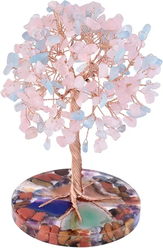 Vista 9 de Nupuyai Árbol de dinero de piedra de cristal aguamarina envuelto en rodajas redondas de ágata orgónica, árbol de la vida, bonsái de Feng Shui