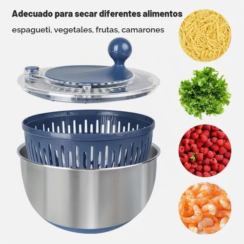 Vista 5 de Molinillo de ensalada de acero inoxidable, 5.3 cuartos de galón con base antideslizante, botón de drenaje y parada, lavadora y secadora de frutas