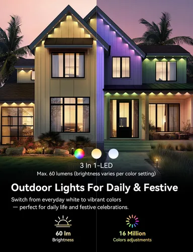 Vista 8 de Luces exteriores permanentes para casa, luces inteligentes impermeables RGB+IC IP67 para aleros, 200 pies con 100 LED, iluminación eterna