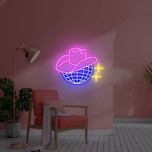 Vista 5 de Letrero de neón de bola de discoteca, sombrero de vaquero regulable, luces LED de neón para decoración de pared, letrero iluminado para dormitorio