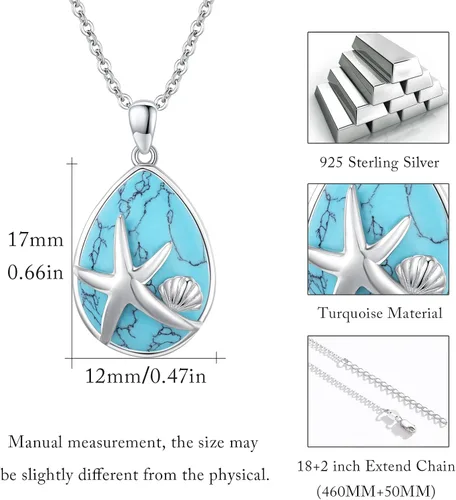 Vista 6 de YEESIA Collar de estrella de mar de plata de ley 925 con turquesa, collar de lágrima de conchas oceánicas, turquesa, estrella de mar del océano