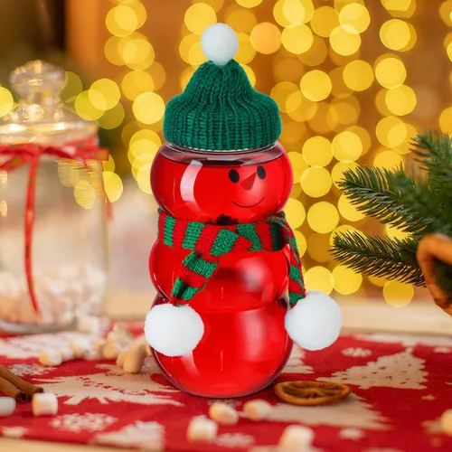 Vista 7 de PRETYZOOM 10 juegos de botellas de jugo de muñeco de nieve con tapa, tarro de plástico transparente de Navidad con bufandas de punto, sombreros