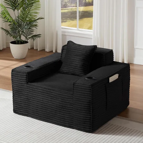 Vista 39 de Sofá sin hueso de 66.5 pulgadas con portavasos y bolsillos laterales, sofá biplaza tapizado de tela de pana moderna con 2 almohadas para sala