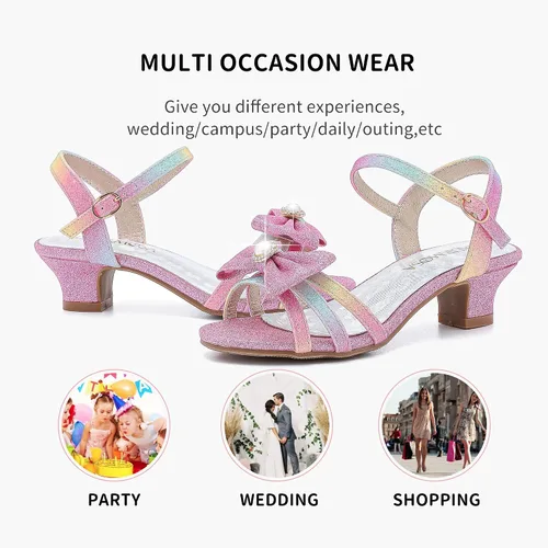 Vista 7 de LAURMOSA Sandalias para niñas, zapatos de vestir para fiesta de boda, puntera abierta, tacones altos con purpurina para niños pequeños y grandes