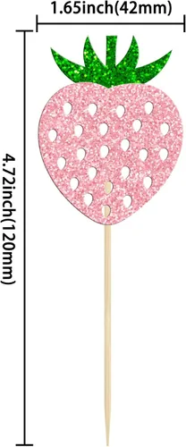 Vista 2 de Paquete de 24 adornos para cupcakes de fresa con purpurina para cumpleaños, fresa, cupcakes, frutas, baby shower, niños, cumpleaños, verano, bayas