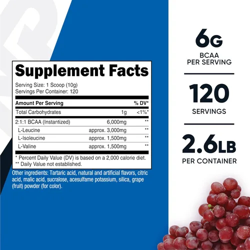 Vista 2 de Polvo Nutricost BCAA (Uva, 120 porciones) - Sin gluten, sin OMG, vegetariano, proporción óptima 2:1:1 Sin gluten, vegetariano