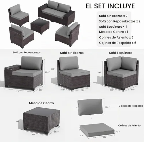 Vista 2 de Gotland Juego de muebles de patio de 6 piezas con 1 mesa auxiliar, 5 plazas de ratán seccional para exteriores con reposabrazos anchos de 29.5 Gris