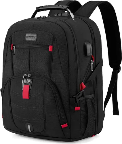 Vista 16 de Mochila grande de viaje y para laptop, es impermeable, antirrobo, con cerradura y puerto de carga USB, para negocios, hombres, mujeres, escuela