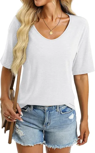 Vista 2 de Camisetas básicas de verano con cuello en V para mujer, con longitud al codo, ajuste holgado