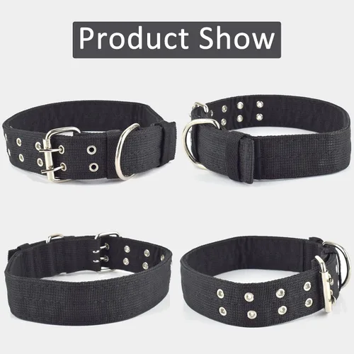 Vista 7 de Collar de perro ajustable militar de 1.5 pulgadas de ancho, anillo en D de metal y hebilla de 2 filas, collar táctico grande mediano de nailon negro
