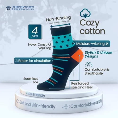 Vista 60 de 7BIGSTARS KINGDOM Women's Cotton Quarter Non-Binding Diabetic Fashion Socks-L-M-4 Pack-Multicolor