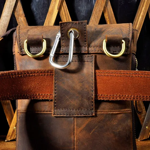 Vista 4 de Le'aokuu Riñonera pequeña de cuero genuino para hombre, bolsa de hombro para teléfono, cinturón y cintura, café Oscuro Grande