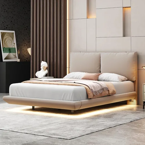 Vista 13 de Cama de plataforma flotante, marco de cama de madera tamaño individual con rayas claras, tela de lino suave y cabecera de diseño capitoné