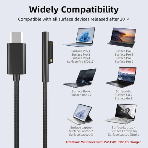 Vista 3 de P45W 15V 3A Compatible con Microsoft Surface Pro 3/5/6/7Go3/2/1 Laptop 4/3/2/1 Tipo-C a Surface Cable Trenzado de Nylon Fuente de Alimentación
