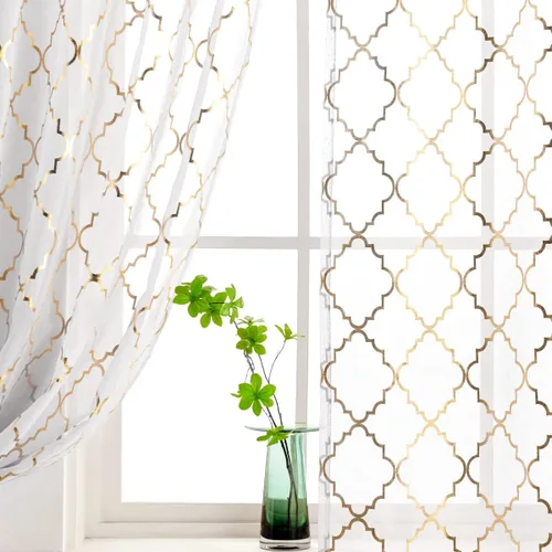 Vista 5 de Kotile - Cortinas doradas y blancas transparentes de 45 pulgadas de largo, juego de 2 paneles, con estampado marroquí metálico de ogee, cortinas