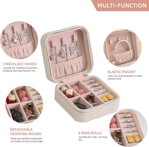 Vista 2 de Casegrace - Mini joyero portátil de viaje de cuero para joyas organizador de anillos caja de regalo para niñas y mujeres
