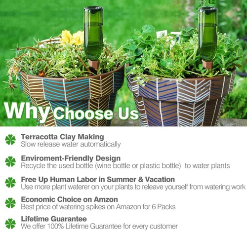 Vista 2 de Dispositivos de Riego de Plantas Paquete de 4 Regador de Plantas de Terracota para Vacaciones Estacas de Riego para Botellas de Vino Picos de Riego