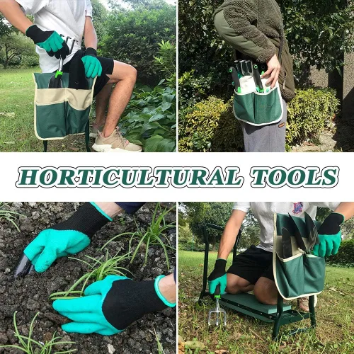 Vista 5 de Taburete plegable de jardín resistente con guantes de bolsillo extraíbles grandes y almohadilla de EVA suave para amantes de la jardinería