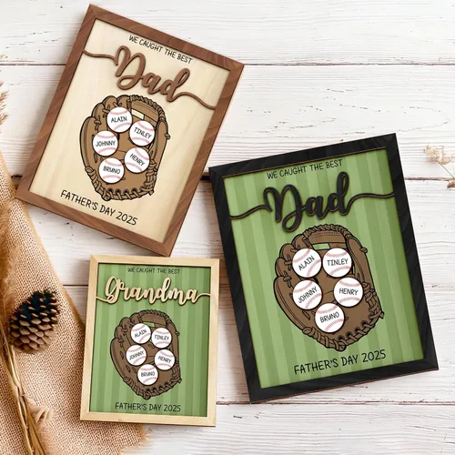 Vista 6 de Regalos personalizados de béisbol con texto en inglés «We Caught the Best Dad», regalos para el Día del Padre de parte del hijo, marco de madera