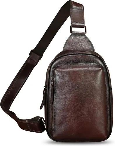 Vista 2 de LRTO Bolso bandolera pequeño de cuero genuino para mujeres y hombres, bolsa cruzada para el pecho, mochila para senderismo, deportes, viajes