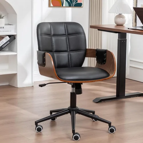 Vista 11 de Silla de escritorio de oficina en casa con ruedas giratorias, artesanía de nogal, respaldo y brazos curvos ergonómicos, piel sintética, altura