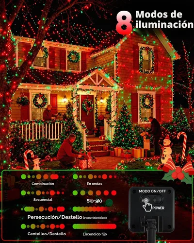 Vista 3 de OZS Paquete de 2 tiras de luces solares de 240 LED para exteriores, impermeables, luces solares para árbol de Navidad con 8 modos de iluminación