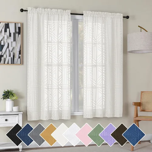Vista 85 de Simplebrand Cortinas traslúcidas negras de cocina de 24 pulgadas de largo, 2 paneles, filtrado de luz, geométrico jacquard con textura, cortinas