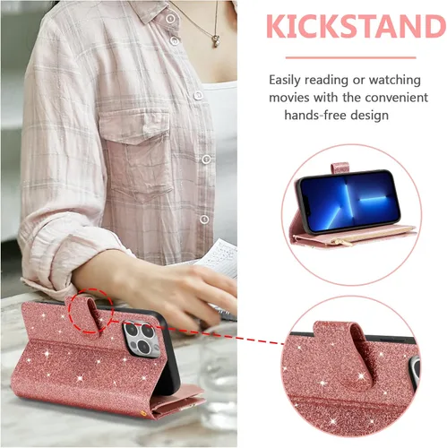 Vista 3 de UEEBAI Funda tipo cartera para iPhone 13 Pro Max, funda de piel sintética con cierre magnético, bolsillo con cremallera, ranuras para tarjetas