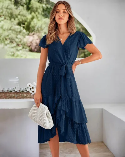 Vista 4 de BTFBM Vestido bohemio casual para mujer, cuello en V, manga corta, gasa, lunares suizos, cinturón y volantes, vestido envolvente para invitadas