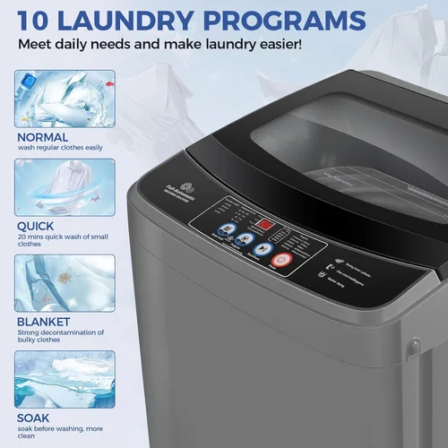 Vista 3 de Nictemaw Portable Washing Machine, 20Lbs Capacity, Dark Gray, Glass Cover Top Load Washing Machine, Large Capacity, 10 Programs and 8 Water Level
