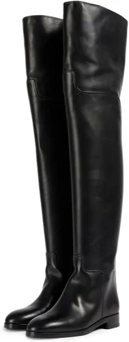 Vista 7 de YDN Botas planas de pantorrilla ancha para mujer, con puntera redonda, por encima de la rodilla, con tacón bajo, botas altas hasta el muslo, zapatos