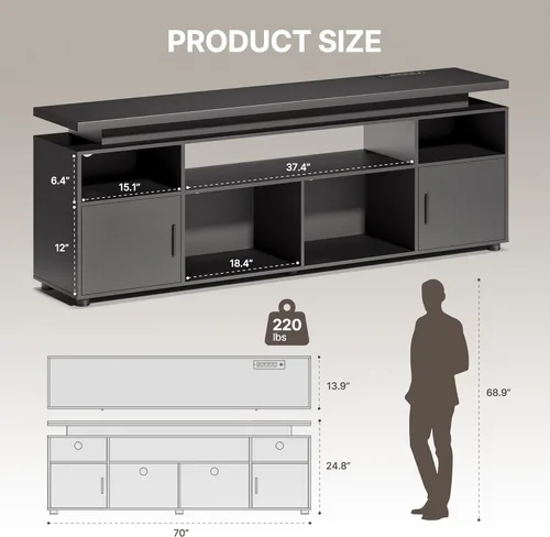 Vista 8 de SUNCOZE Soporte de TV, centro de entretenimiento con luces LED y gabinete para TV de 70/75/80 pulgadas, consola de TV moderna para juegos y medios