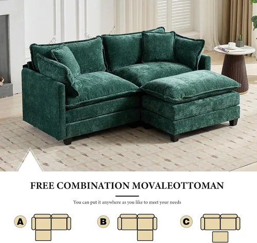 Vista 302 de Sofá seccional modular verde de 111.5", sofás seccionales grandes de 3 plazas para sala de estar, sofá nube oversized de tela chenille con otomana