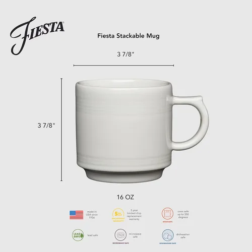 Vista 2 de Fiesta® Taza apilable de 16oz – Cerámica duradera, sin plomo, apta para lavavajillas/microondas/horno – Fabricada en EE. UU. - Dalia