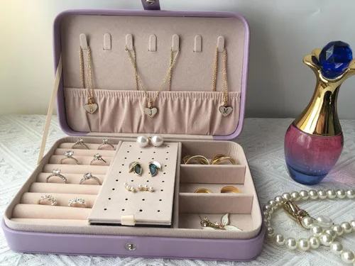 Vista 7 de Joyero organizador para viajes, joyería de piel sintética para niñas, organizador de joyas para aretes, collares, anillos, relojes, bodas