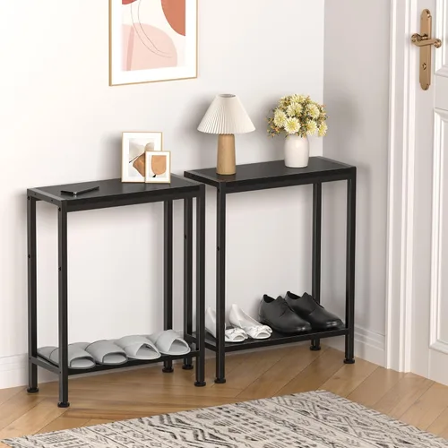 Vista 8 de Mesa auxiliar estrecha para espacios pequeños, mesa auxiliar delgada de 2 niveles, mesita de noche delgada, mesa de sofá delgada para aperitivos