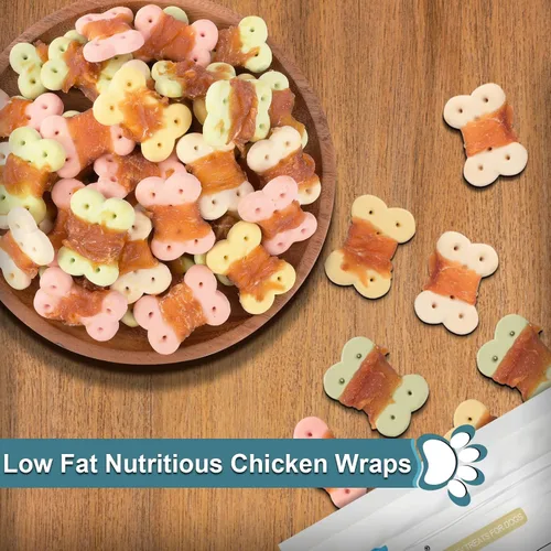 Vista 5 de Golosinas envueltas en pollo para perros, masticables sin cuero crudo, 8 onzas 30% real poultry; 60% baked core; 15% protein; easily digestible
