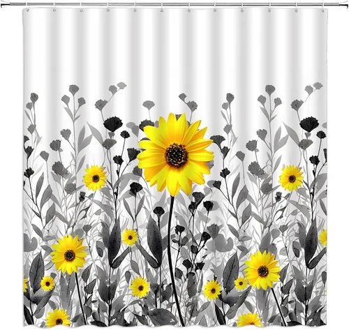 Vista 7 de Cortina de ducha floral negra elegante tulipán negro blanco y negro, diseño moderno de impresión artística única, juego de decoración de baño