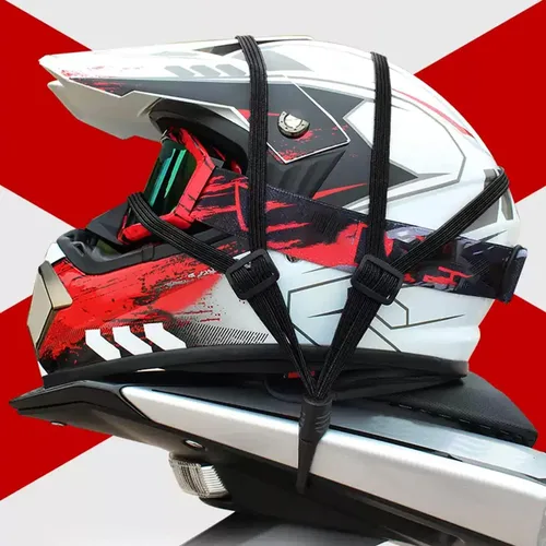 Vista 2 de 2 piezas de correa elástica retráctil de alta calidad para casco de motocicleta en negro, con malla para casco y 2 ganchos (23.6")
