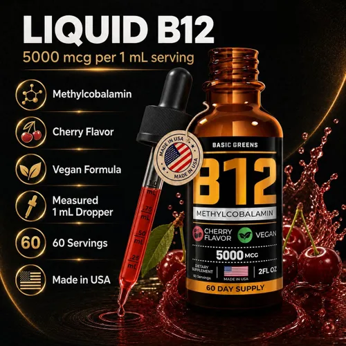 Vista 6 de B12 Liquid Drops Sublingual 5000 mcg Metilcobalamina, cereza vegana 2 Fl Oz
