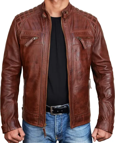Vista 5 de Cafe Racer Chaqueta De Cuero Marrón Hombres - Chaqueta Biker De Cuero De Cordero Real Marrón Negro (Black Rider)