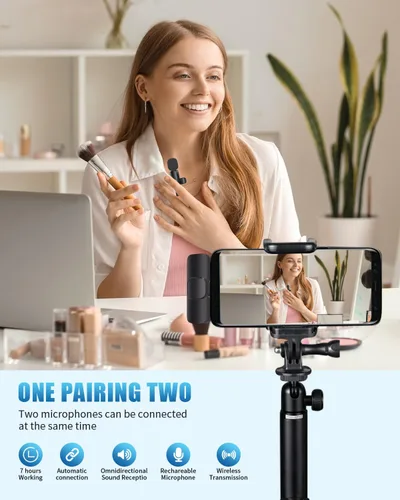 Vista 2 de Micrófonos Lavalier inalámbricos compatibles con iPhone, teléfono Android, computadora, mini micrófono inalámbrico profesional para grabación