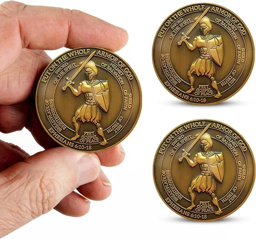 Vista 10 de 1 moneda de desafío de armadura de Dios, versículo bíblico de Efesios 6:10, moneda de desafío cristiano chapada en oro antiguo de 1.75 pulgadas