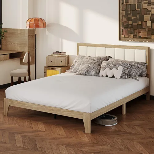 Vista 8 de HOMCOM Base de cama tamaño Queen con cabecera tapizada, marco de cama de plataforma con listones de madera, no necesita somier, fácil montaje