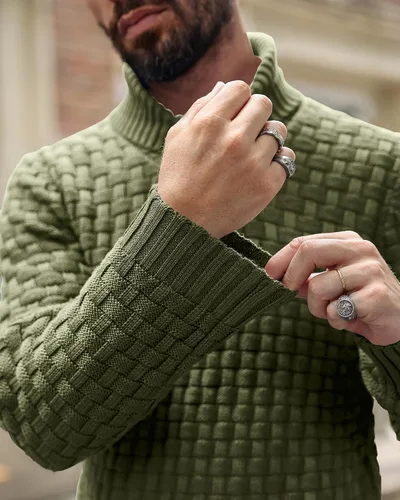 Vista 4 de Zaitun Suéter de cuello alto para hombre con cuello de chal, suéteres de punto de ajuste regular