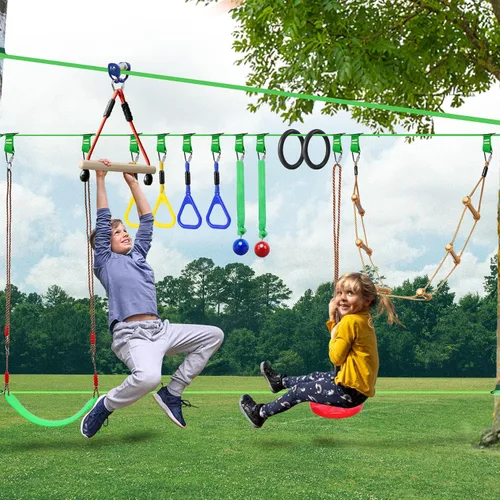 Vista 9 de Ninja Warrior - Carrera de obstáculos para patio trasero de niños, kit de línea floja de 65 pies con 13 obstáculos, hebillas de instalación rápida