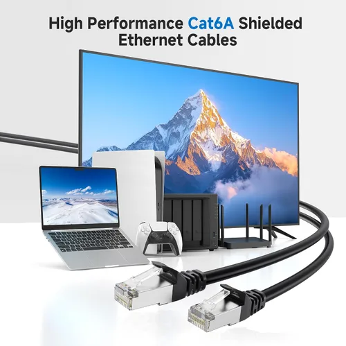 Vista 2 de Cable Matters Paquete de 5 cables Ethernet Cat 6A blindados cortos sin enganches de 10 Gbps, cable Cat 6A, cable Cat6A, cable Ethernet, negro