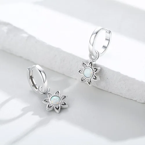Vista 4 de Sun Flower Earrings 925 Sterling Silver Opal FlowerLeaf Hoop Charm Hoop Huggie Synthetic Opal Dangle Drop Earrings Jewelry Gifts for Women